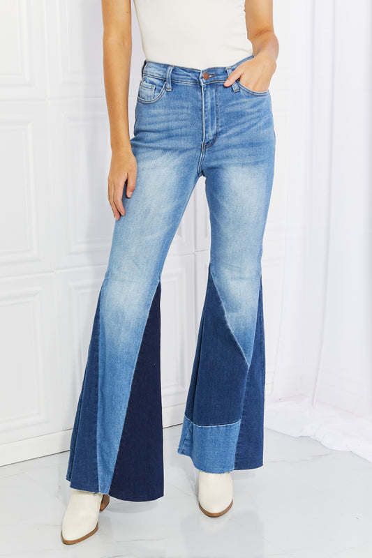 Vibrant Sienna Full Size Color Block Flare Jeans - FANCY