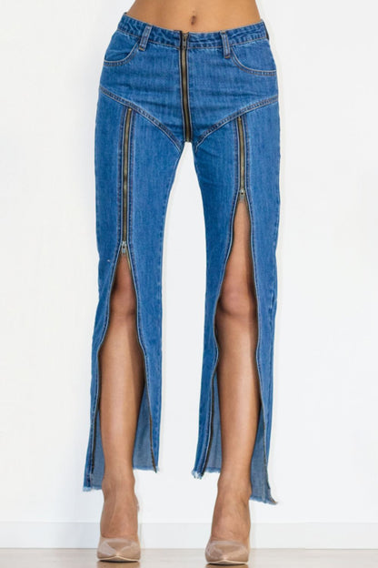 Zip Detail Slit Long Jeans