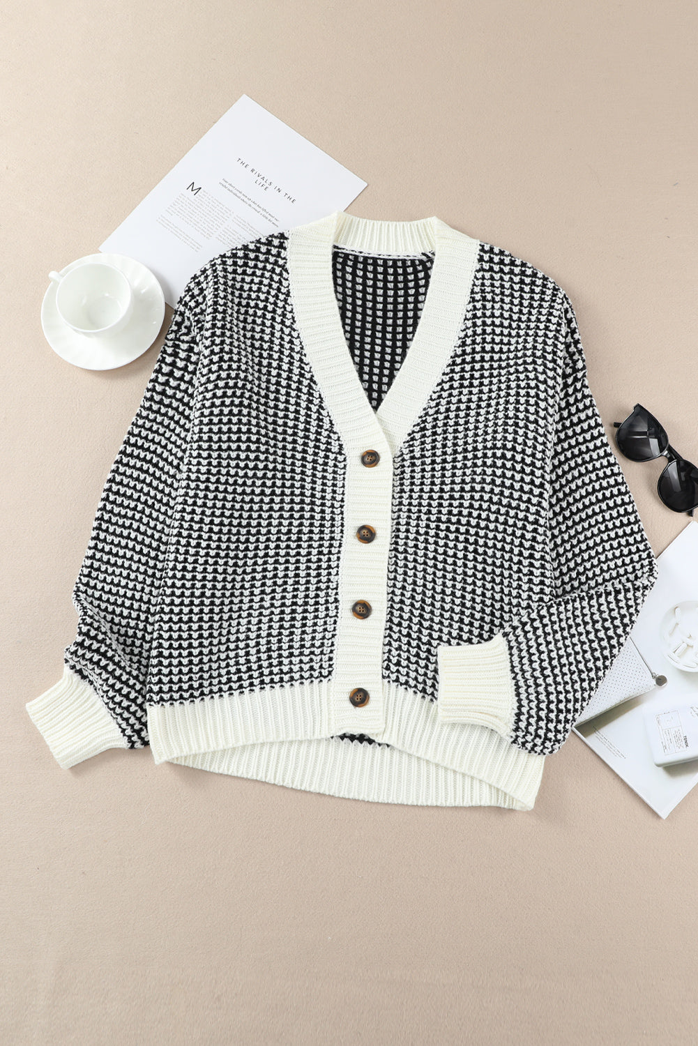 Waffle-Knit Drop Shoulder Button-Down Cardigan