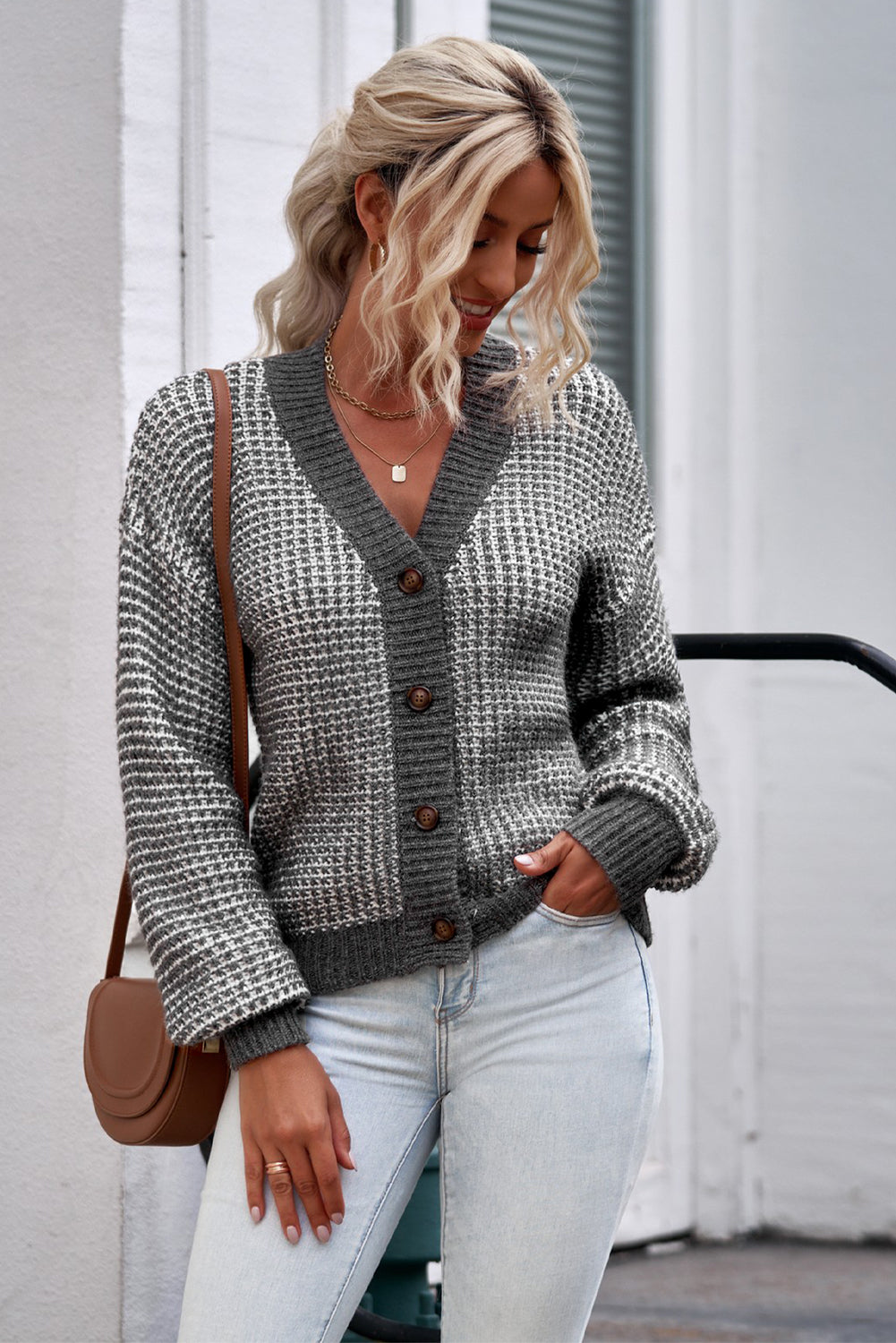 Waffle-Knit Drop Shoulder Button-Down Cardigan